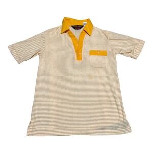 Vintage Bruce Jenner SIM Sports in Motion Yellow White Striped Polo Shirt Mens M
